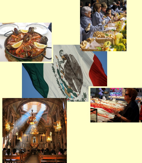 中央　旗　右上　市場　右下　市場　左下　教会　左上　パエリア